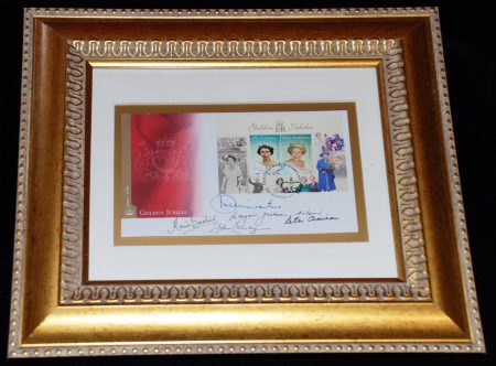 Queen Elizabeth II Golden Jubilee first day envelope signed by Marie Bashir, John Landy, Marjorie Jackson-Nelson, Peter Arnison & Peter Hollingworth - framed