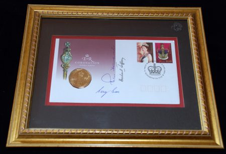 Queen Elizabeth II Golden Jubilee first day envelope with 'gold' 50c coin, signed by Sir Guy Green, Michael Jeffrey & Peter Hollingworth - framed